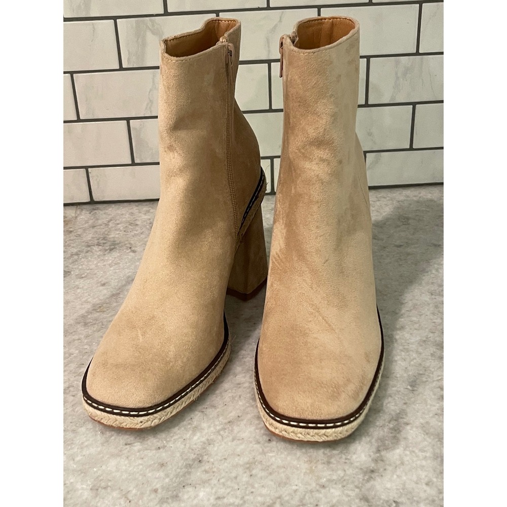 Mi.iM Ankle Boots Women 9 Tan Suede Block Heel Espadrille Trim Square Toe Zip - Picture 2 of 9